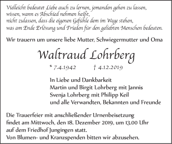 Traueranzeige von Waltraud Lohrberg von SÜDWEST PRESSE Ausgabe Ulm/Neu-Ulm