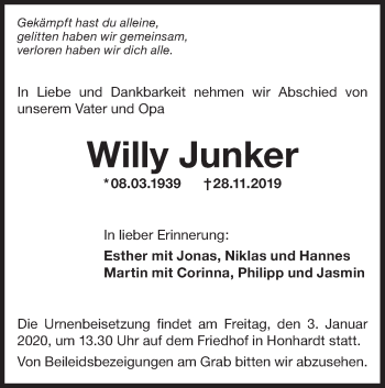 Traueranzeige von Willy Junker von Hohenloher Tagblatt