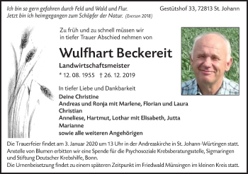 Traueranzeige von Wulfhart Beckereit von Alb-Bote/Metzinger-Uracher Volksblatt