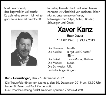 Traueranzeige von Xaver Kanz von Hohenzollerische Zeitung