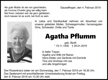 Traueranzeige von Agatha Pflumm von Hohenzollerische Zeitung