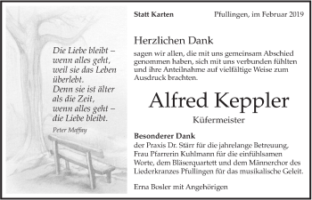 Traueranzeige von Alfred Keppler von Alb-Bote/Metzinger-Uracher Volksblatt