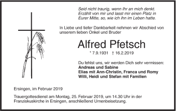 Traueranzeige von Alfred Pfetsch von Ehinger Tagblatt