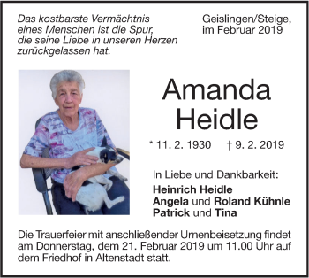 Traueranzeige von Amanda Heidle von Geislinger Zeitung