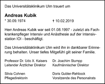 Traueranzeige von Andreas Kubik von SÜDWEST PRESSE Ausgabe Ulm/Neu-Ulm