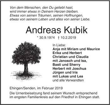 Traueranzeige von Andreas Kubik von SÜDWEST PRESSE Ausgabe Ulm/Neu-Ulm