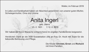 Traueranzeige von Anita Ingerl von NWZ Neue Württembergische Zeitung