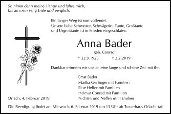 Traueranzeige von Anna Bader von Haller Tagblatt