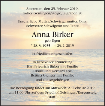 Traueranzeige von Anna Birker von Geislinger Zeitung