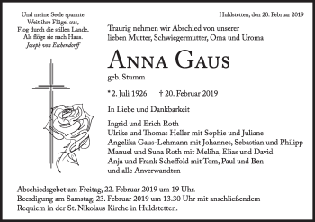 Traueranzeige von Anna Gaus von Alb-Bote/Metzinger-Uracher Volksblatt