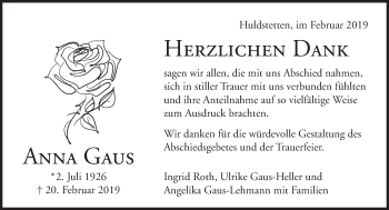 Traueranzeige von Anna Gaus von Alb-Bote/Metzinger-Uracher Volksblatt