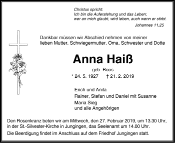 Traueranzeige von Anna Haiß von Hohenzollerische Zeitung