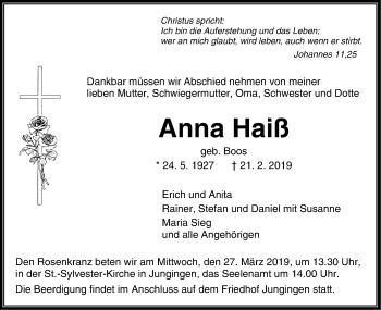 Traueranzeige von Anna Haiß von Hohenzollerische Zeitung