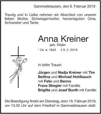 Traueranzeige von Anna Kreiner von NWZ Neue Württembergische Zeitung