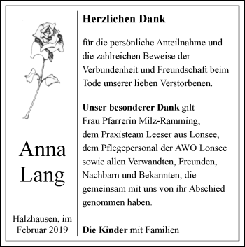 Traueranzeige von Anna Lang von SÜDWEST PRESSE Ausgabe Ulm/Neu-Ulm