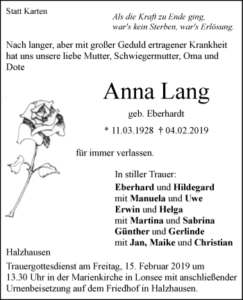 Traueranzeige von Anna Lang von SÜDWEST PRESSE Ausgabe Ulm/Neu-Ulm