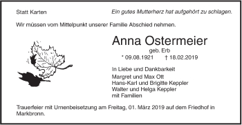 Traueranzeige von Anna Ostermeier von SÜDWEST PRESSE Ausgabe Ulm/Neu-Ulm