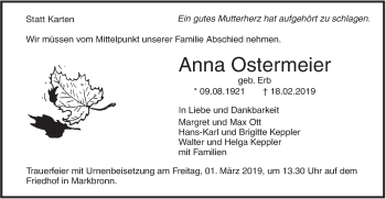 Traueranzeige von Anna Ostermeier von SÜDWEST PRESSE Ausgabe Ulm/Neu-Ulm