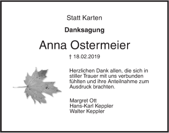 Traueranzeige von Anna Ostermeier von SÜDWEST PRESSE Ausgabe Ulm/Neu-Ulm