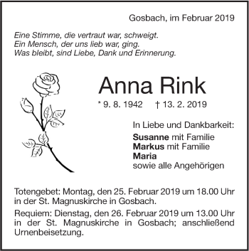 Traueranzeige von Anna Rink von Geislinger Zeitung