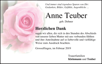 Traueranzeige von Anne Teuber von Hohenzollerische Zeitung