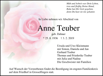 Traueranzeige von Anne Teuber von Hohenzollerische Zeitung