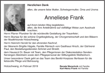 Traueranzeige von Anneliese Frank von SÜDWEST PRESSE Ausgabe Ulm/Neu-Ulm