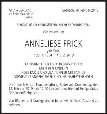 Traueranzeige von Anneliese Frick von Geislinger Zeitung