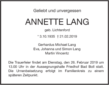 Traueranzeige von Annette Lang von NWZ Neue Württembergische Zeitung