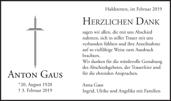 Traueranzeige von Anton Gaus von Alb-Bote/Metzinger-Uracher Volksblatt