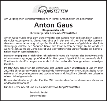 Traueranzeige von Anton Gaus von Alb-Bote/Metzinger-Uracher Volksblatt