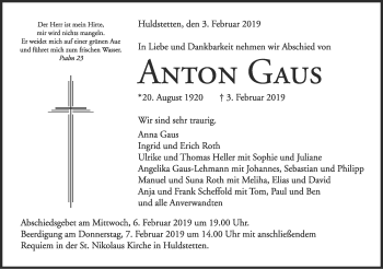 Traueranzeige von Anton Gaus von Alb-Bote/Metzinger-Uracher Volksblatt