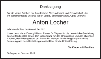 Traueranzeige von Anton Locher von Ehinger Tagblatt