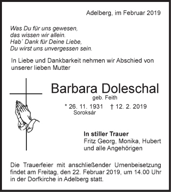 Traueranzeige von Barbara Doleschal von NWZ Neue Württembergische Zeitung