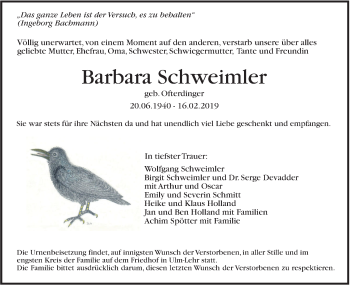 Traueranzeige von Barbara Schweimler von SÜDWEST PRESSE Ausgabe Ulm/Neu-Ulm