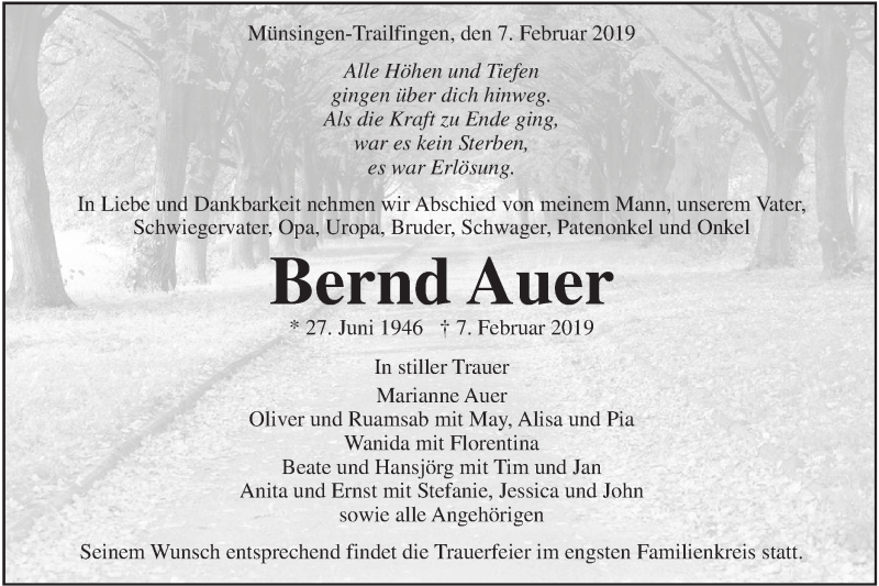  Traueranzeige für Bernd Auer vom 11.02.2019 aus Alb-Bote/Metzinger-Uracher Volksblatt