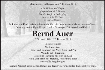 Traueranzeige von Bernd Auer von Alb-Bote/Metzinger-Uracher Volksblatt