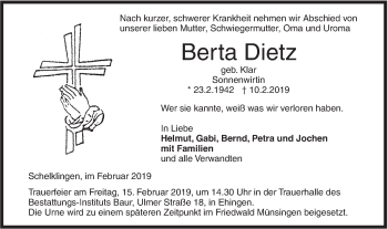 Traueranzeige von Berta Dietz von Ehinger Tagblatt