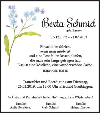 Traueranzeige von Berta Schmid von NWZ Neue Württembergische Zeitung/Geislinger Zeitung