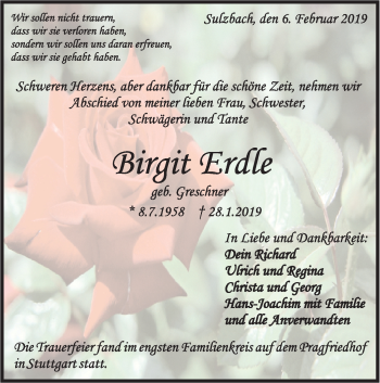 Traueranzeige von Birgit Erdle von Rundschau Gaildorf