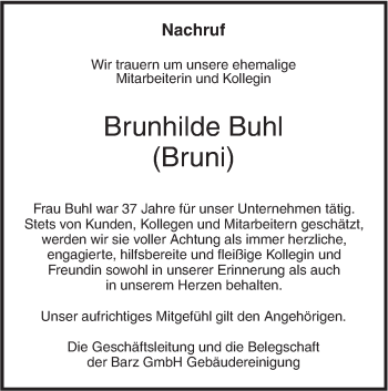 Traueranzeige von Brunhilde Buhl von SÜDWEST PRESSE Ausgabe Ulm/Neu-Ulm