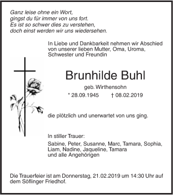 Traueranzeige von Brunhilde Buhl von SÜDWEST PRESSE Ausgabe Ulm/Neu-Ulm