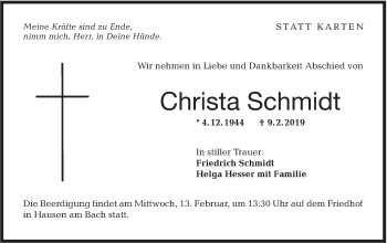 Traueranzeige von Christa Schmidt von Hohenloher Tagblatt