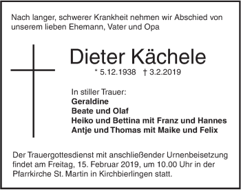 Traueranzeige von Dieter Kächele von SÜDWEST PRESSE Ausgabe Ulm/Neu-Ulm