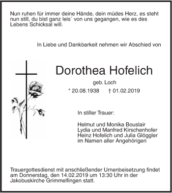 Traueranzeige von Dorothea Hofelich von SÜDWEST PRESSE Ausgabe Ulm/Neu-Ulm