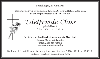 Traueranzeige von Edelfriede Class von Metzinger-Uracher Volksblatt