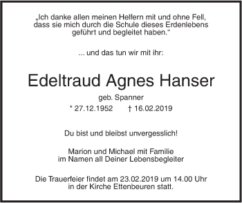 Traueranzeige von Edeltraud Agnes Hanser von SÜDWEST PRESSE Ausgabe Ulm/Neu-Ulm