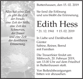 Traueranzeige von Edith Hess von Alb-Bote/Metzinger-Uracher Volksblatt