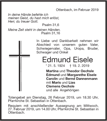 Traueranzeige von Edmund Eisele von NWZ Neue Württembergische Zeitung