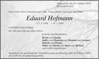 Traueranzeige von Eduard Hofmann von Geislinger Zeitung